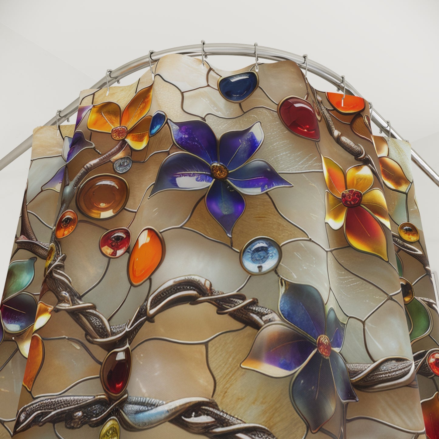 3D Stained Glass Colorful Jewelry Fall Flowers Polyester Shower Curtain