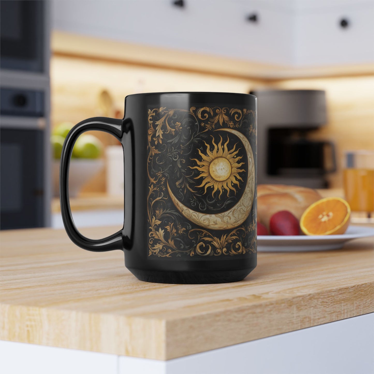 Gold Ornate William Morris Inspired Black Mug (11oz, 15oz) - Celestial Sun and Moon Coffee Cup, Gothic Kitchen Decor, Bohemian Drinkware,