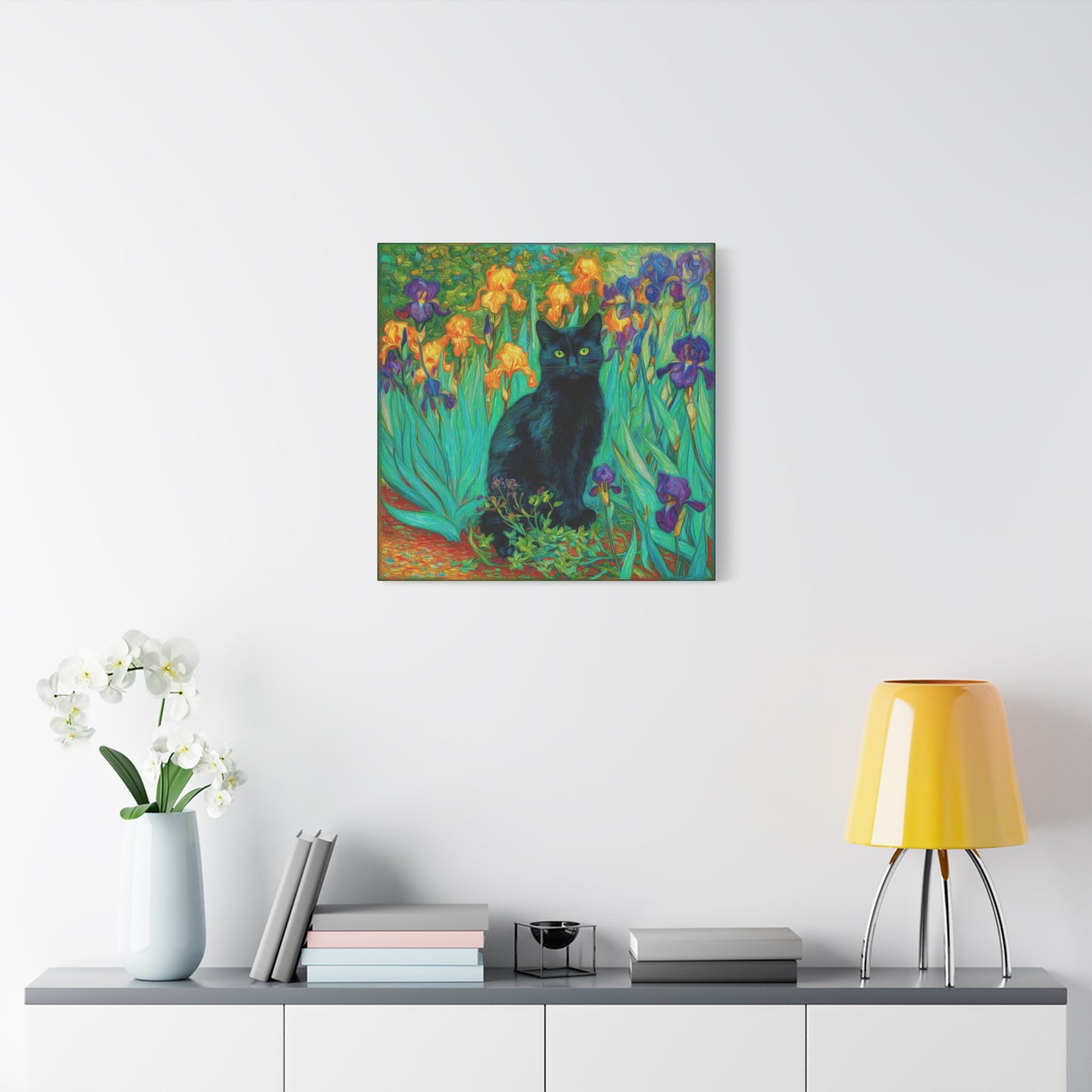 Black Cat Among Irises, Vibrant Floral Canvas Wall Art, Matte Stretched Canvas 1.25"