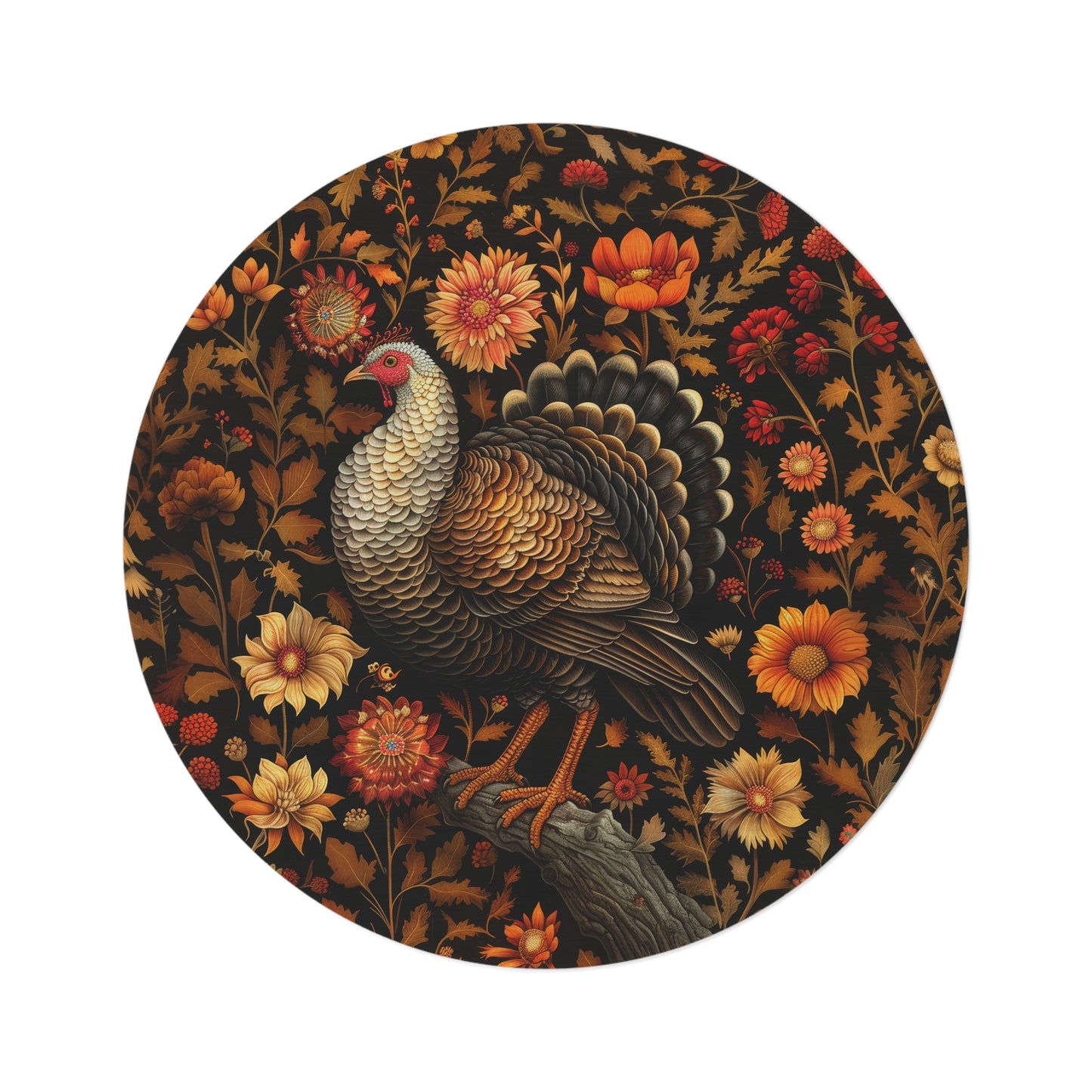 Fall Autumn William Morris Inspired Round Rug, Turkey Botanical Design, Home Decor Accent, Circular Area Mat, Thanksgiving Day Gift