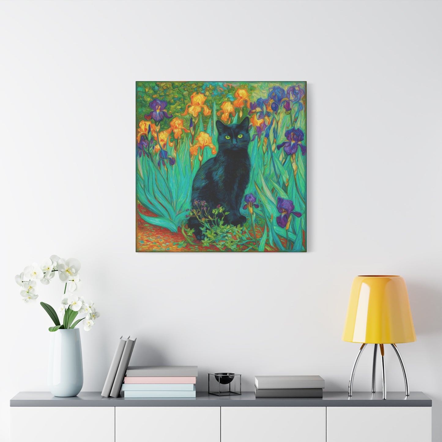 Black Cat Among Irises, Vibrant Floral Canvas Wall Art, Matte Stretched Canvas 1.25"
