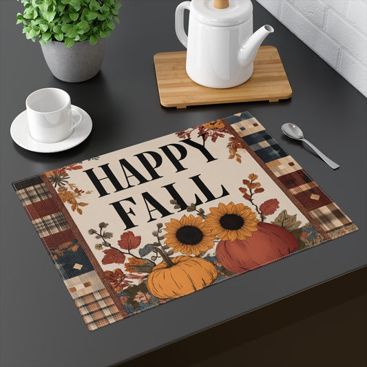 Happy Fall Patchwork Placemat, Rustic Autumn Table Mat, Seasonal Table Setting, Thanksgiving Home Decor, Fall Harvest Tableware