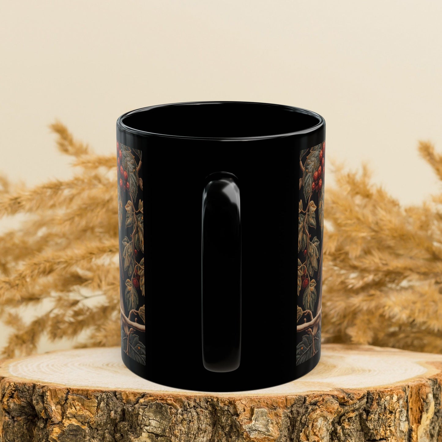 Winter Robin Black Coffee Mug, Red Berries Bird Art Cup, Woodland Nature Lover Gift, Christmas Tea Mug, Cozy Wildlife Ceramic (11oz/15oz)