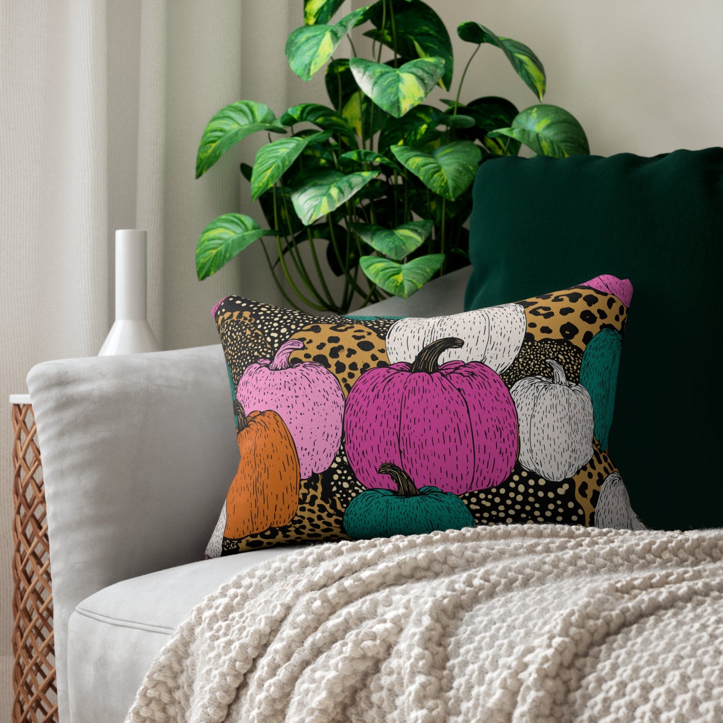 Colorful Pumpkin Lumbar Pillow, Leopard Print Fall Cushion, Halloween & Autumn Decorative Accent