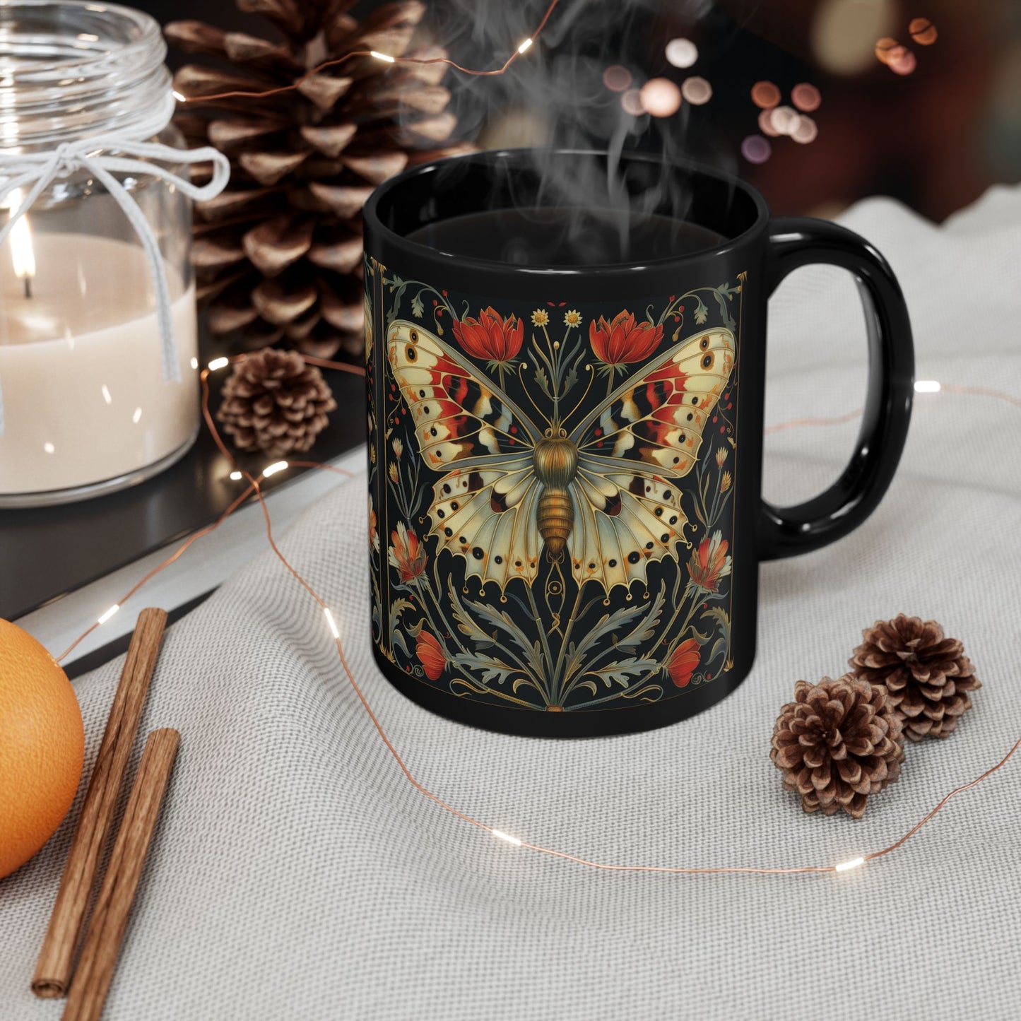 William Morris Inspired Botanical Night Butterfly Black Mug 11oz, 15 oz