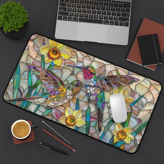 Stained Glass Hummingbirds Flight Daffodils Desk Mat, Bird Lover Gift, Work Desk Decor, Office Desk Accessory, Unique Mouse Pad