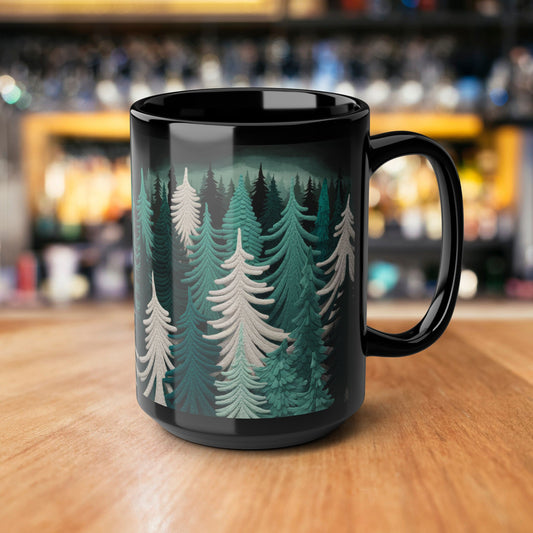Pine Tree Winter Snowy Forest Black Coffee Mug 11oz, 15 oz