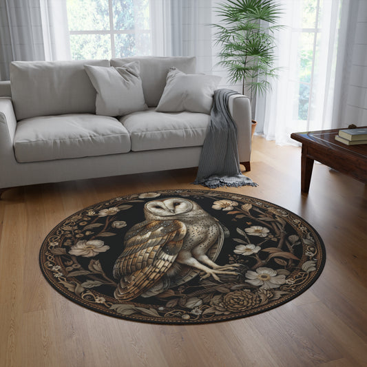 Vintage Barn Owl Round Area Rug | William Morris Inspired Cottagecore Decor, Moody Woodland Round Carpet