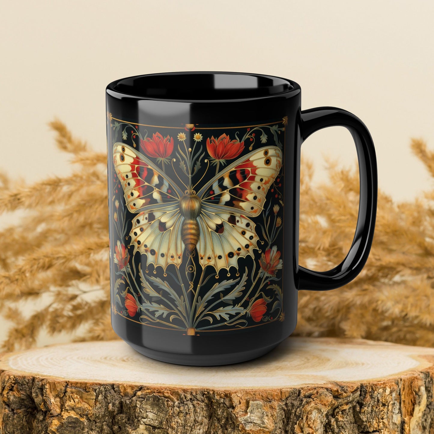 William Morris Inspired Botanical Night Butterfly Black Mug 11oz, 15 oz