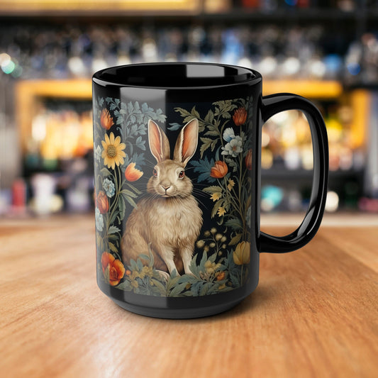 Botanical Rabbit William Morris Inspired Mug, Rabbit Lover Gift, Black Ceramic Cup, 11oz, 15oz, Floral Animal Tea Coffee Drinkware