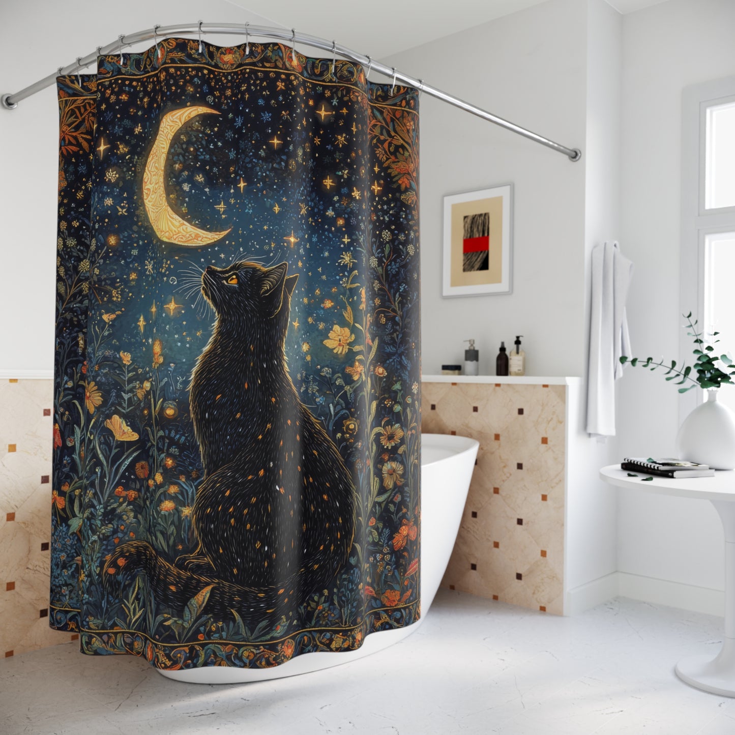 Black Cat Whimsical Night ,William Morris Insipred, Polyester Shower Curtain