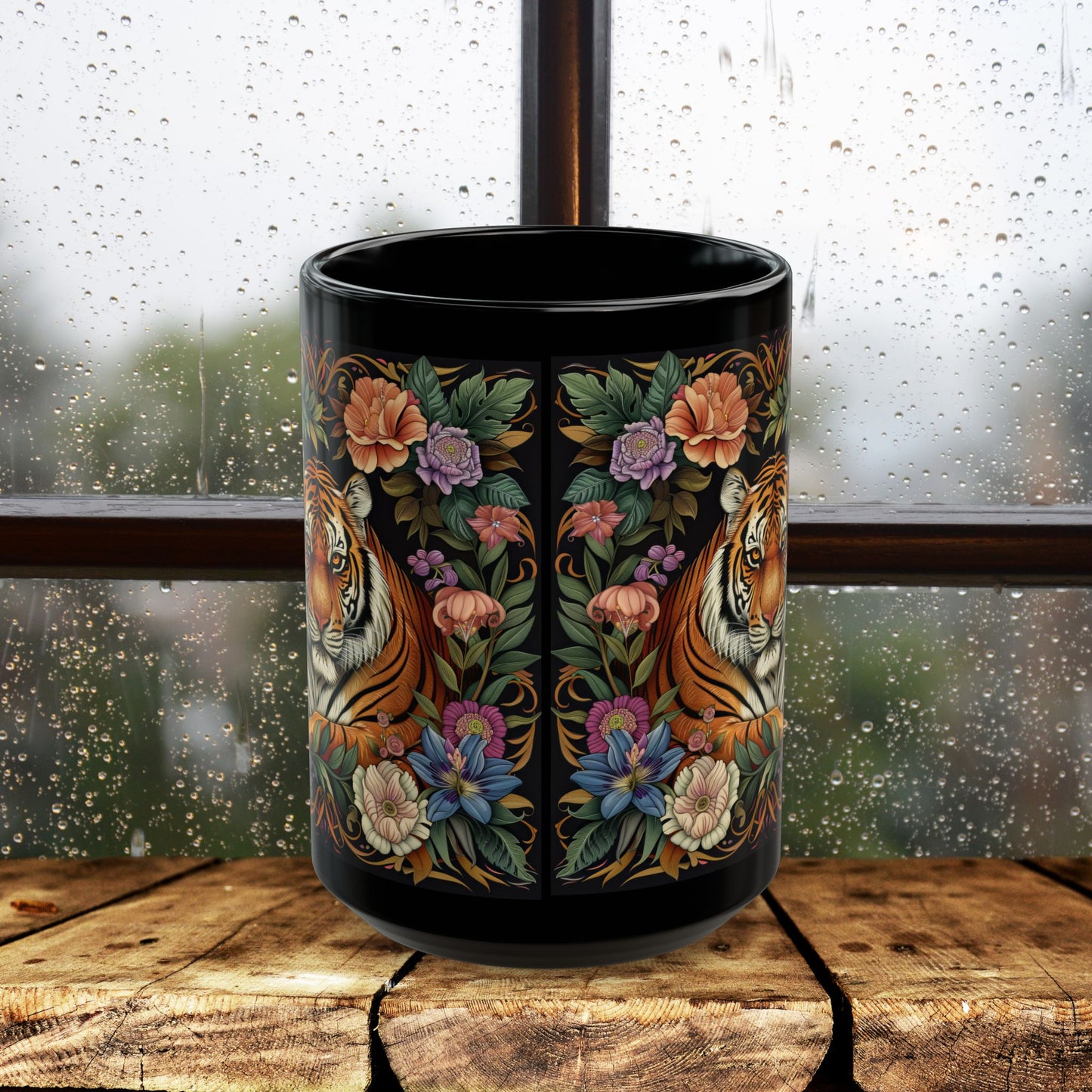 Tropical Tiger William Morris Inspired Black Coffee Mug For Her Him Ceramic Mug Black Mug  11oz, 15oz