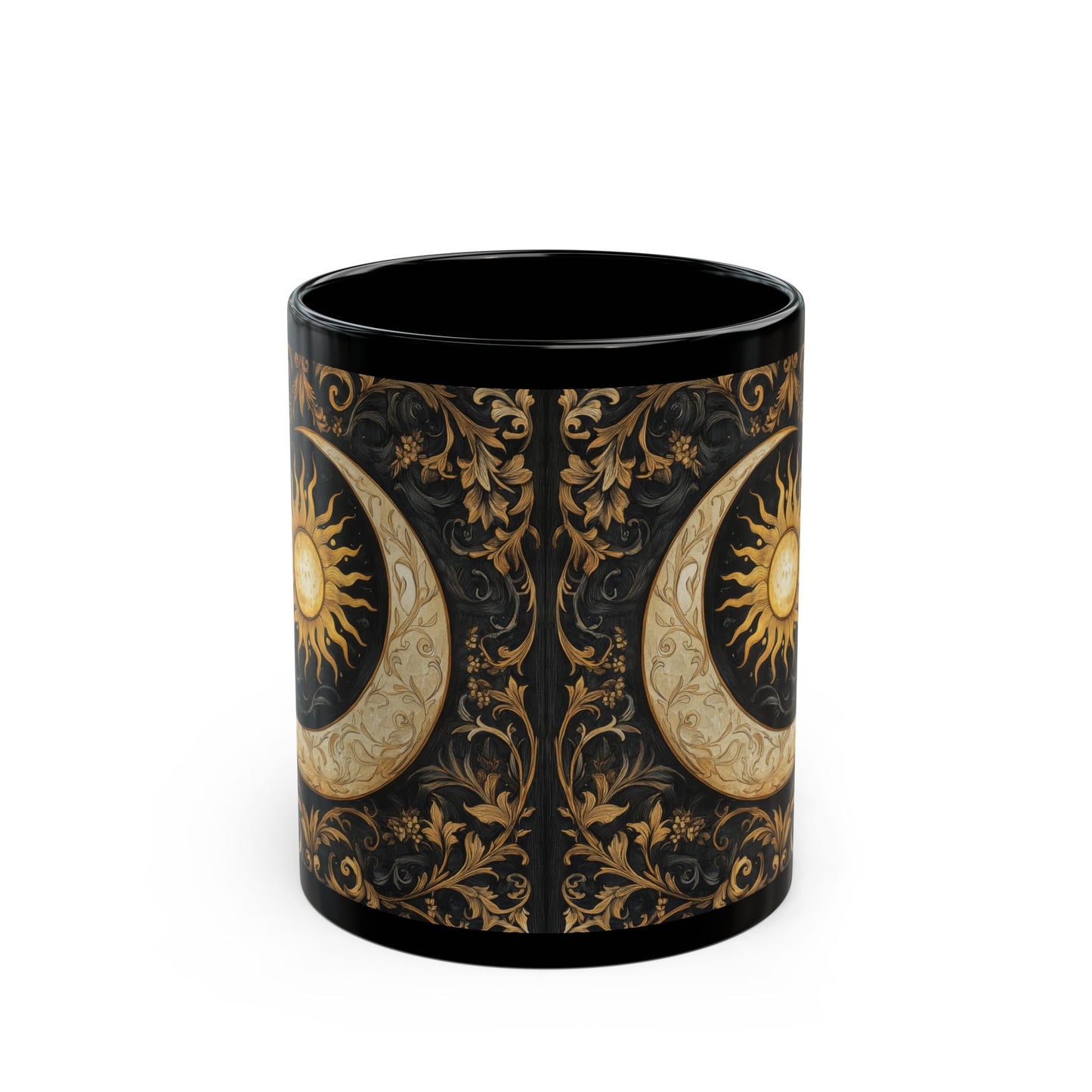 Gold Ornate William Morris Inspired Black Mug (11oz, 15oz) - Celestial Sun and Moon Coffee Cup, Gothic Kitchen Decor, Bohemian Drinkware,