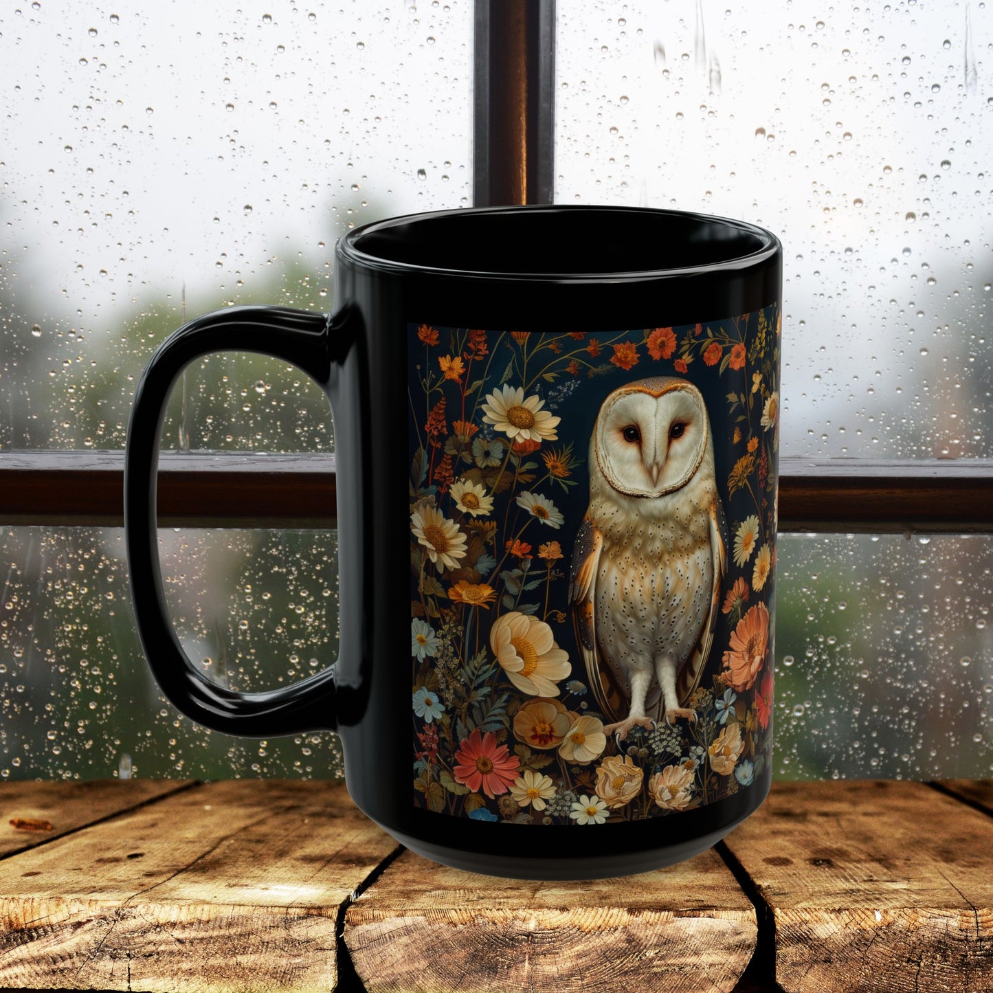 William Morris Inspired Barn Owl Wildflowers Black Coffee Mug 11oz | Mystical Owl For Her Him Ceramic Mug Black Mug