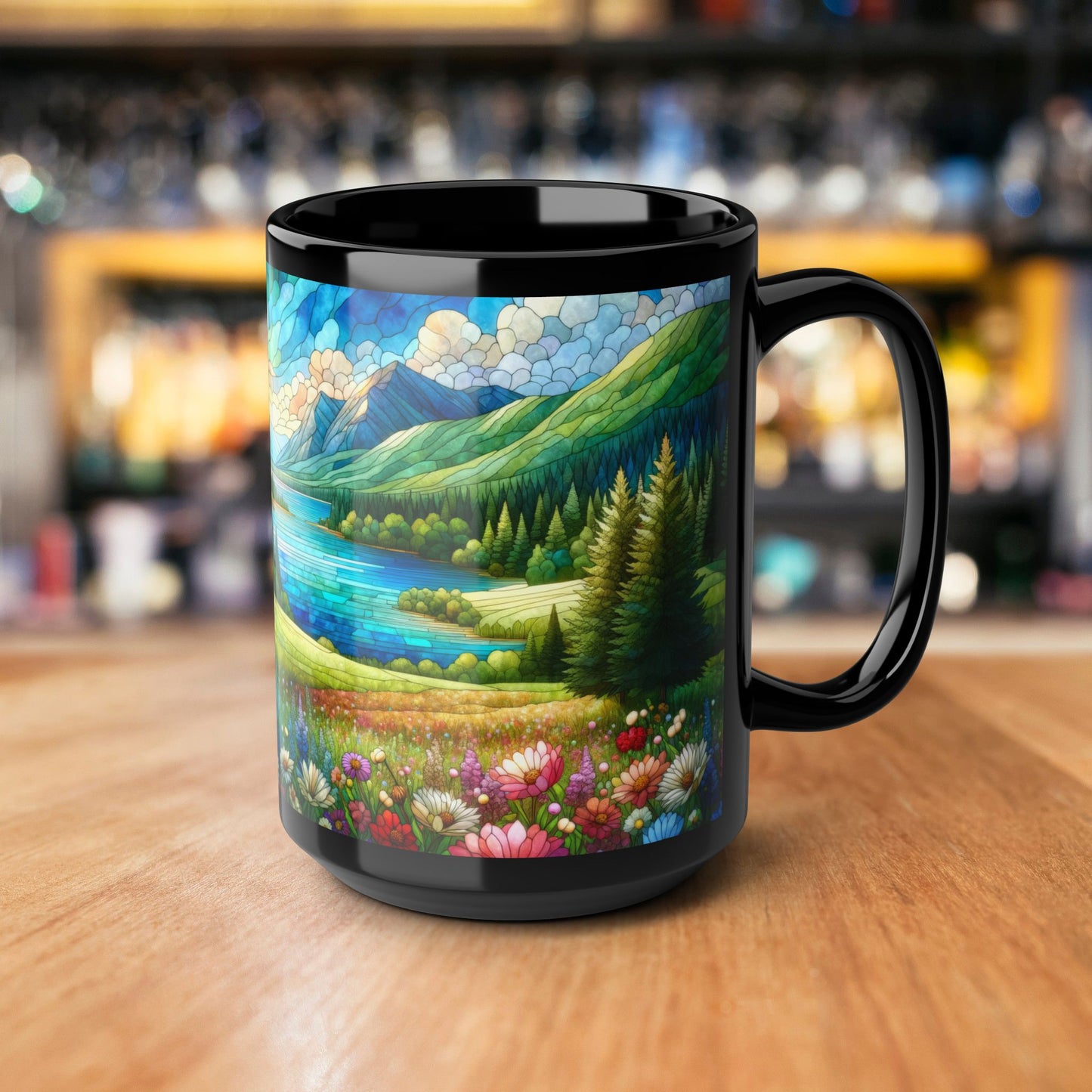 Nature Scene Flower Lake and Mountain Landscape Mug | Faux Stained Glass Black Coffee Mug 11 oz, 15 oz