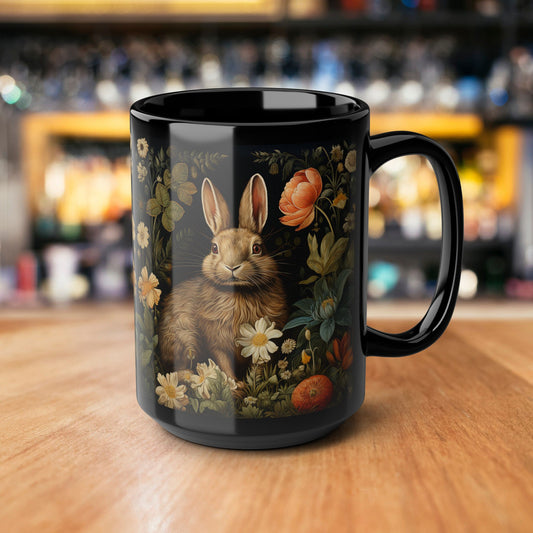 William Morris Inspired Floral Rabbit Cottagecore Black Mug (11oz, 15oz) Rabbit Lover Gift