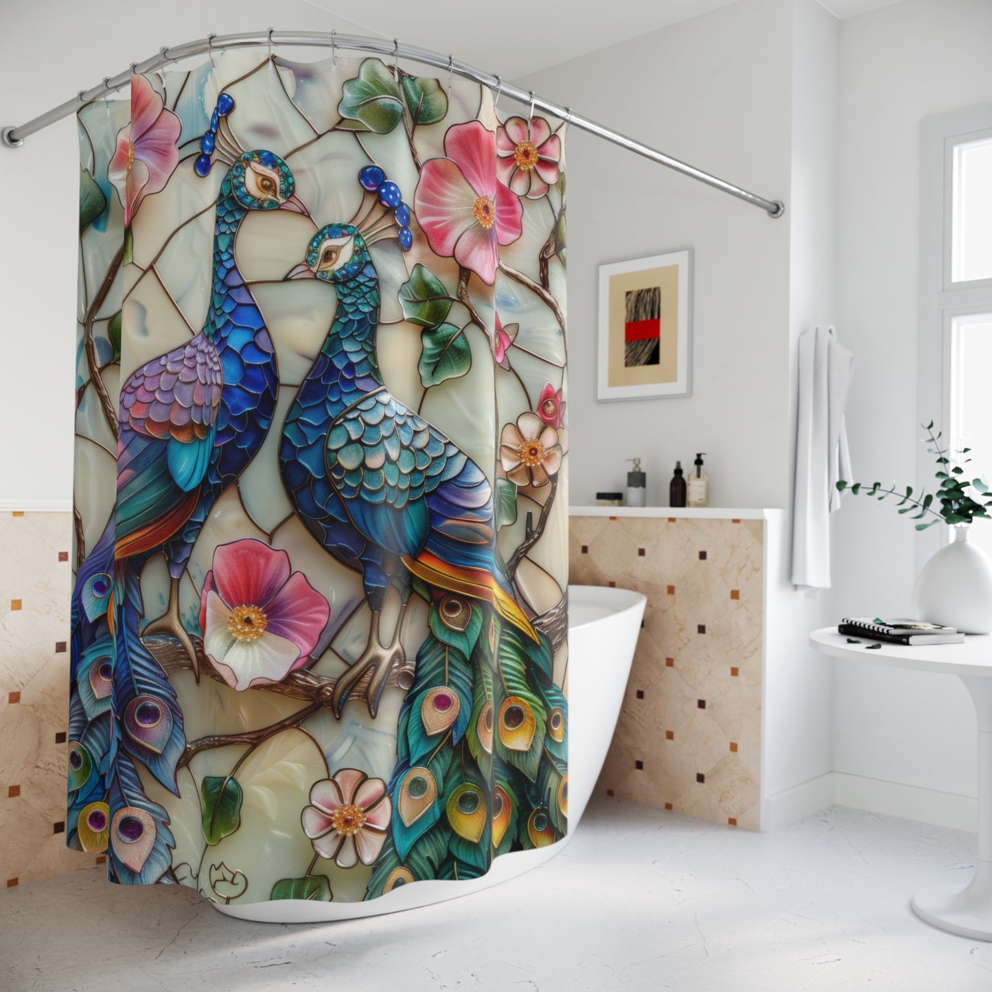 Stained Glass Peacocks Pink Flower Polyester Shower Curtain