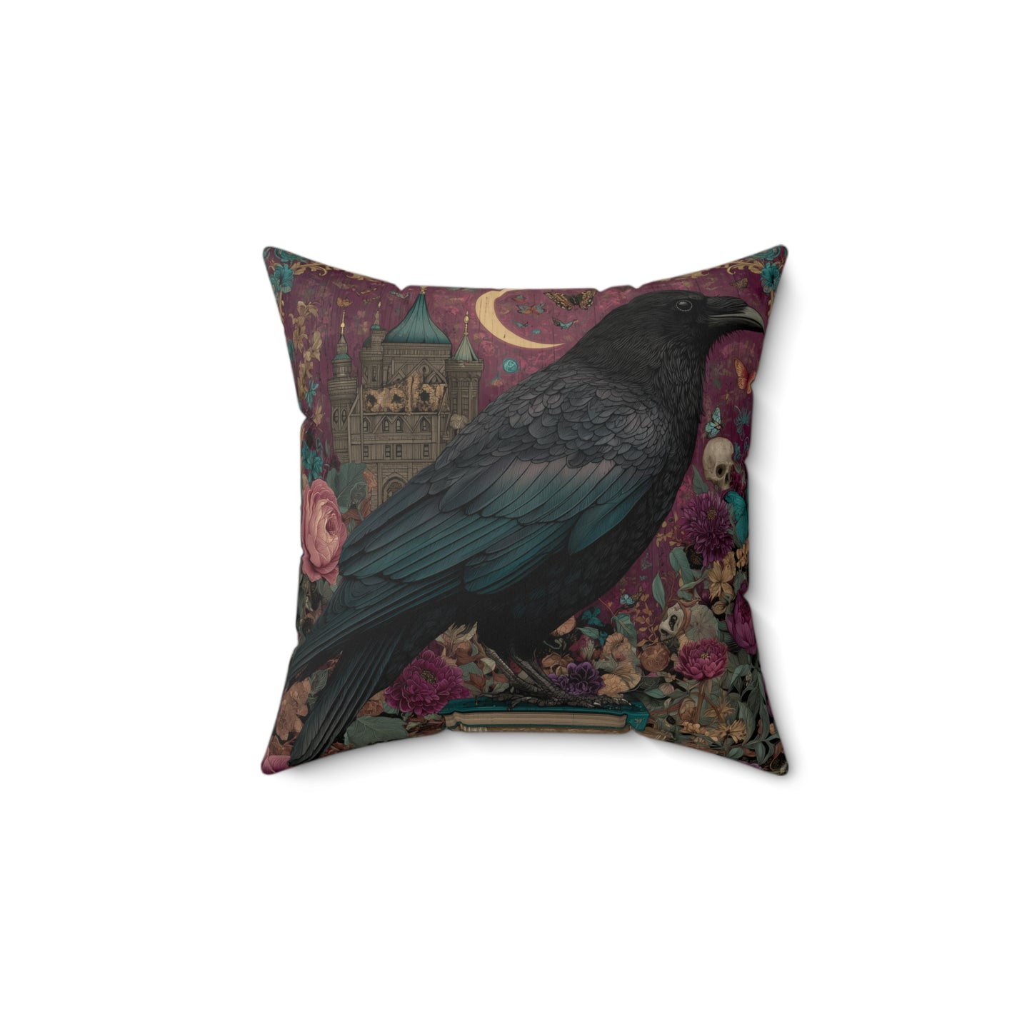 Mystical Raven Gothic Pillow with Floral Castle Art, Spooky Halloween Decor, Dark Academia Throw Pillow