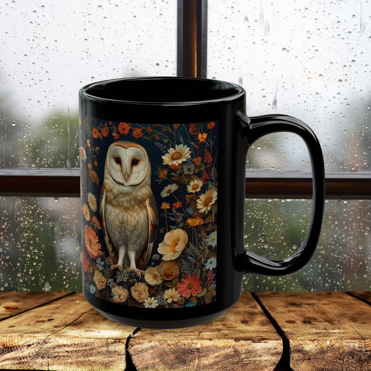 William Morris Inspired Barn Owl Wildflowers Black Coffee Mug 11oz | Mystical Owl For Her Him Ceramic Mug Black Mug