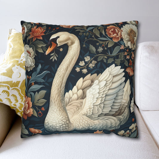 Botanical Swan Pillowcase: William Morris Style Decorative Throw Pillow