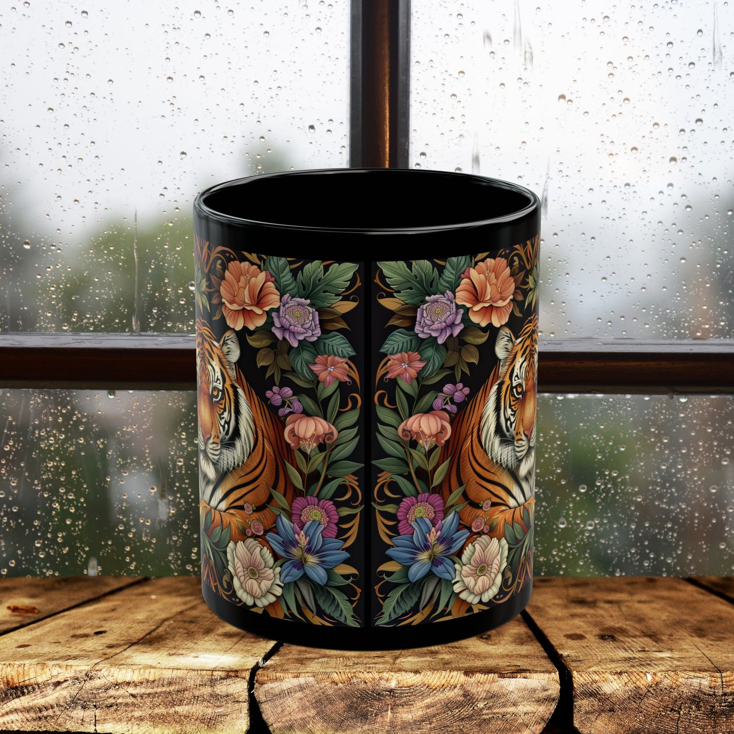 Tropical Tiger William Morris Inspired Black Coffee Mug For Her Him Ceramic Mug Black Mug  11oz, 15oz