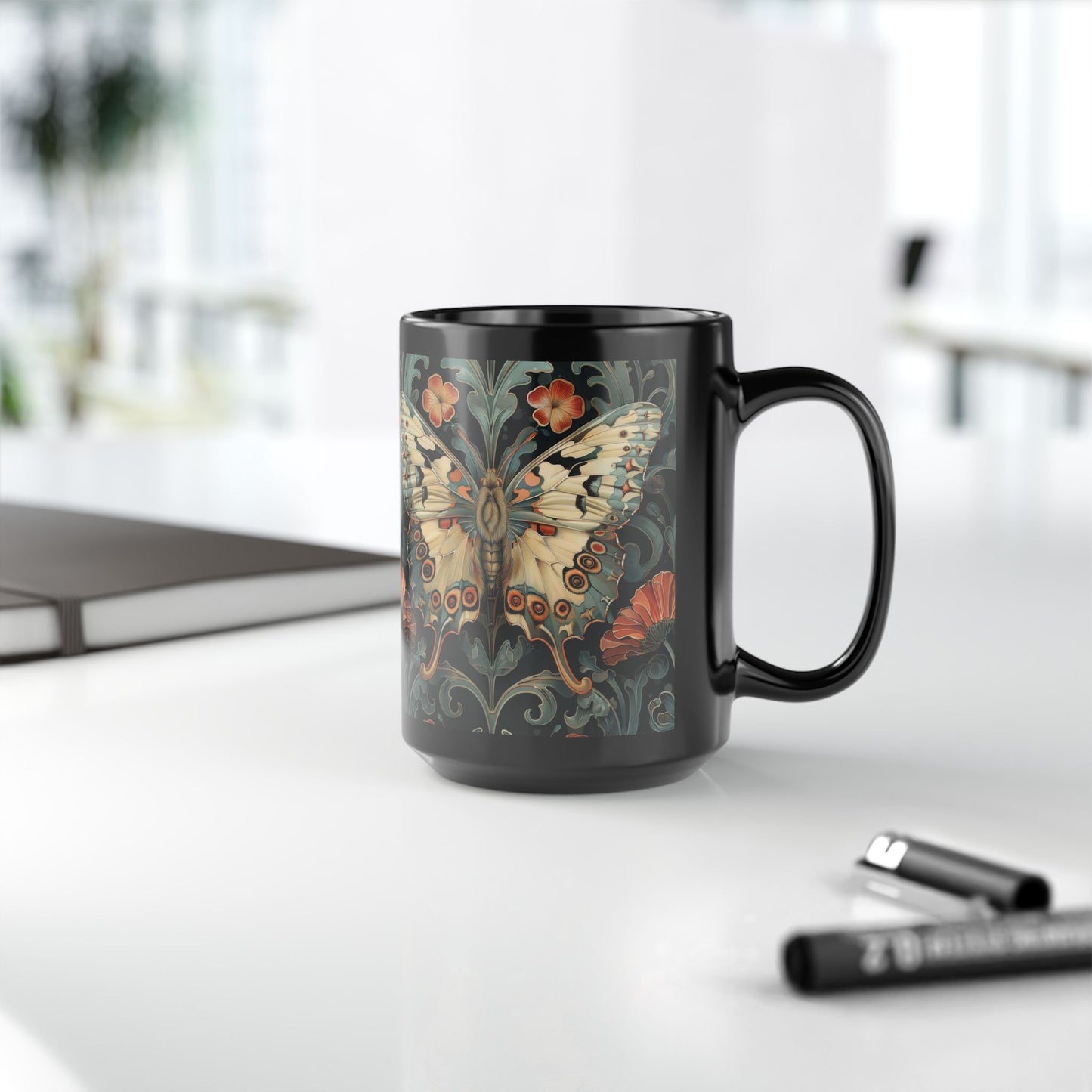 Woodland Botanical Butterfly William Morris Inspired Black Coffee Mug For Her Him Ceramic Mug Black Mug 11oz, 15oz