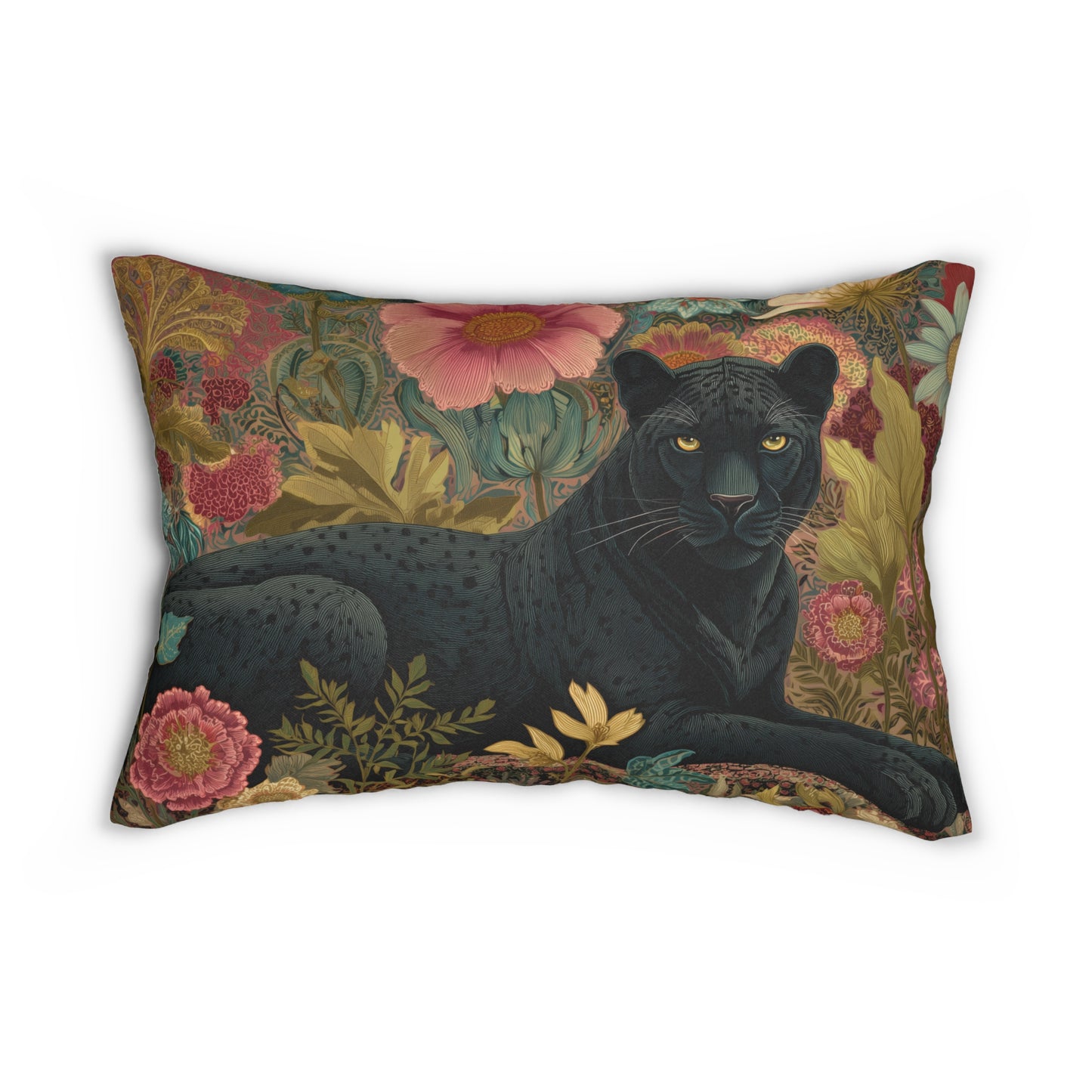Black Panther Lumbar Pillow, Jungle Floral Cushion, Exotic Wildlife Decorative Accent
