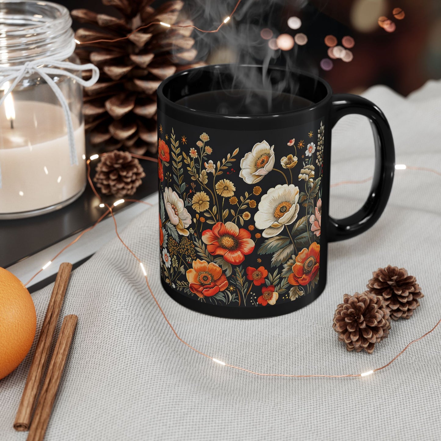 Wildflowers Pattern Embroidery Mug Black Mug 11oz, 15 oz