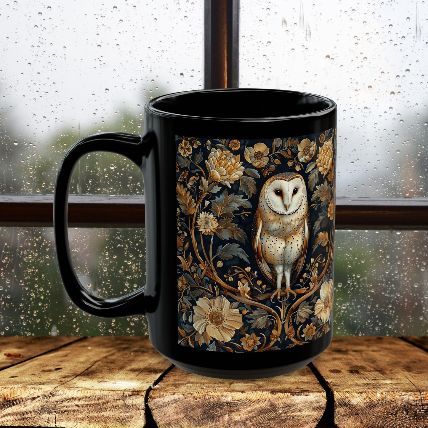 William Morris Inspired Botanical Barn Owl Black Coffee Mug | Mystical Owl Black Mug 11oz, 15 oz
