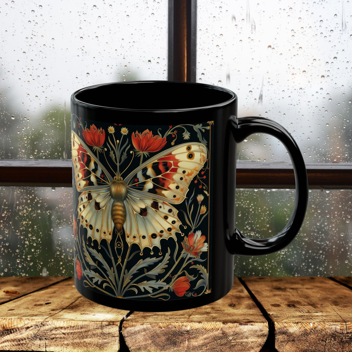 William Morris Inspired Botanical Night Butterfly Black Mug 11oz, 15 oz