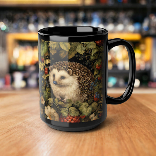William Morris Inspired Floral Hedgehog Cottagecore Black Mug (11oz, 15oz) Rabbit Lover Gift