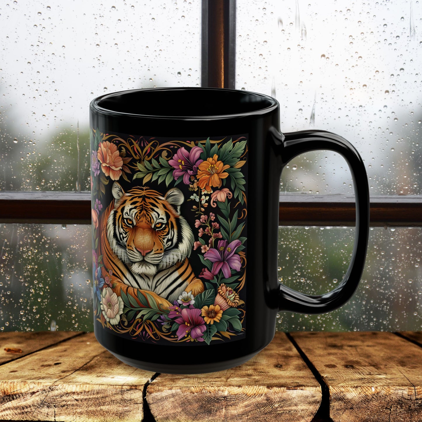 Tropical Tiger William Morris Inspired Black Coffee Mug For Her Him Ceramic Mug Black Mug  11oz, 15oz