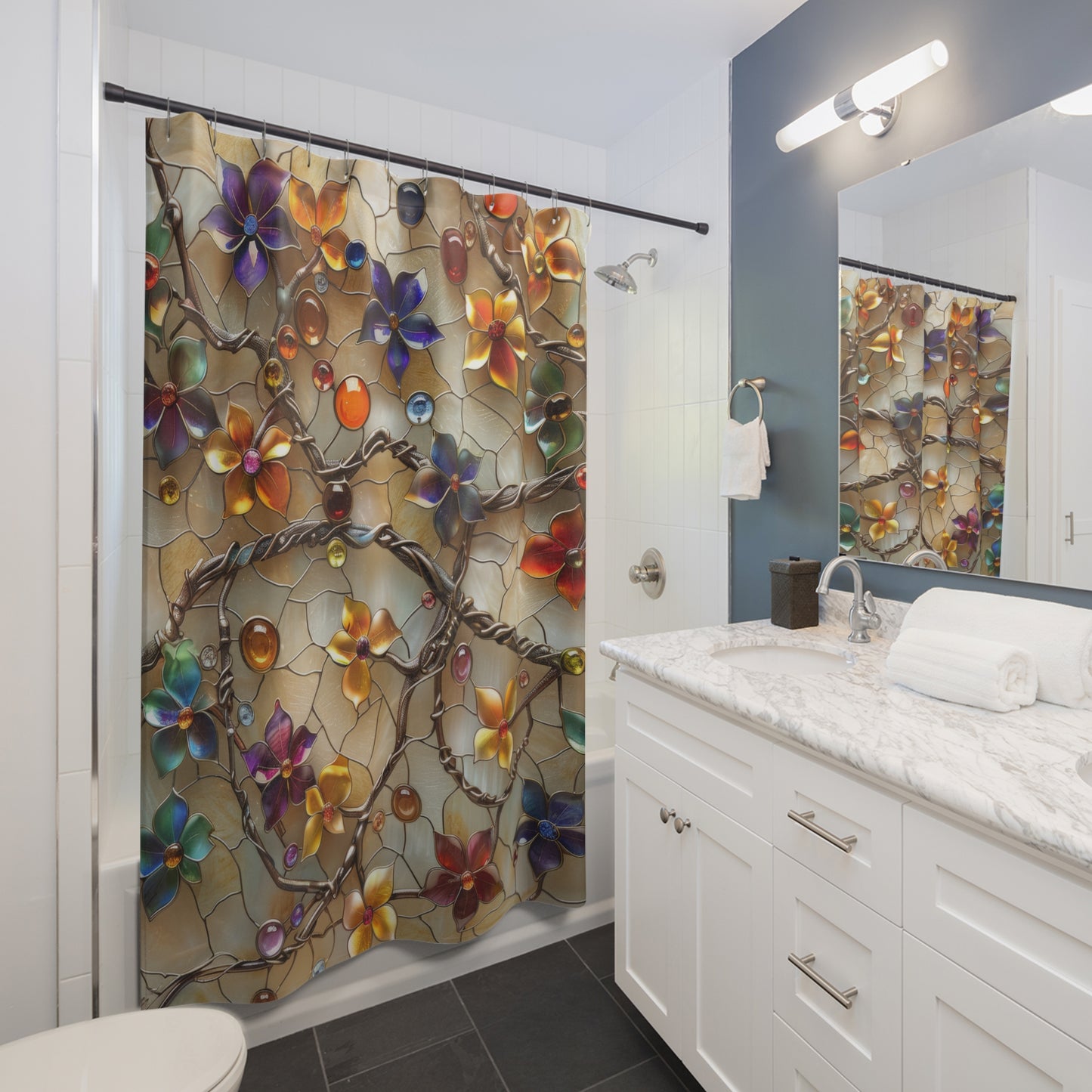 3D Stained Glass Colorful Jewelry Fall Flowers Polyester Shower Curtain