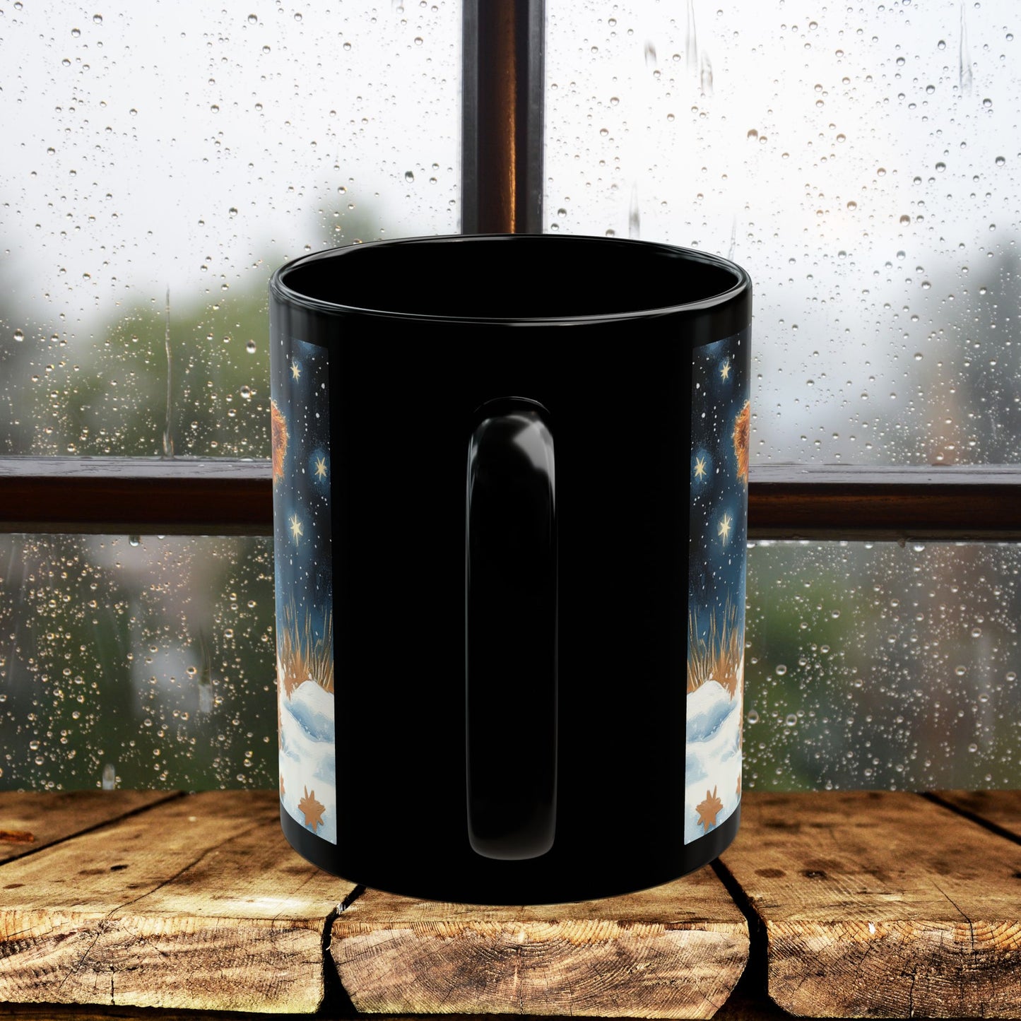 Highland Cow Winter Night Black Mug, Cute Baby Cow Coffee Cup (11oz, 15oz) Animal Lover Gift, Farmhouse Kitchen Decor, Christmas Gift,