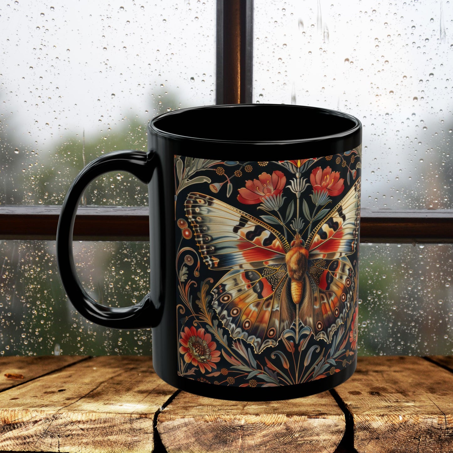 William Morris Inspired Botanical Butterfly Black Mug 11 oz. , 15 oz