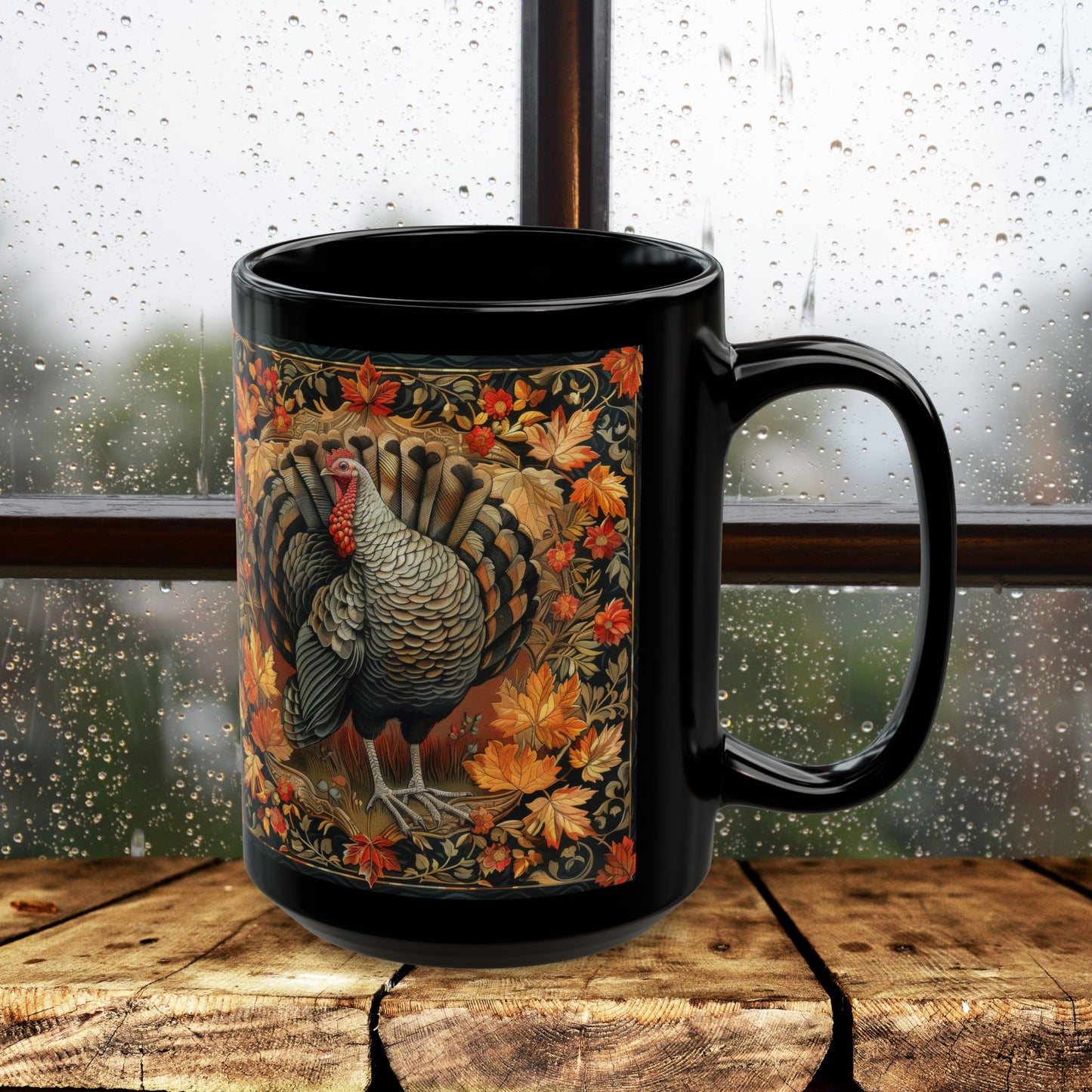 Fall Turkey William Morris Inspired Black Coffee Mug For Her Him Ceramic Mug Black Mug 11oz, 15oz