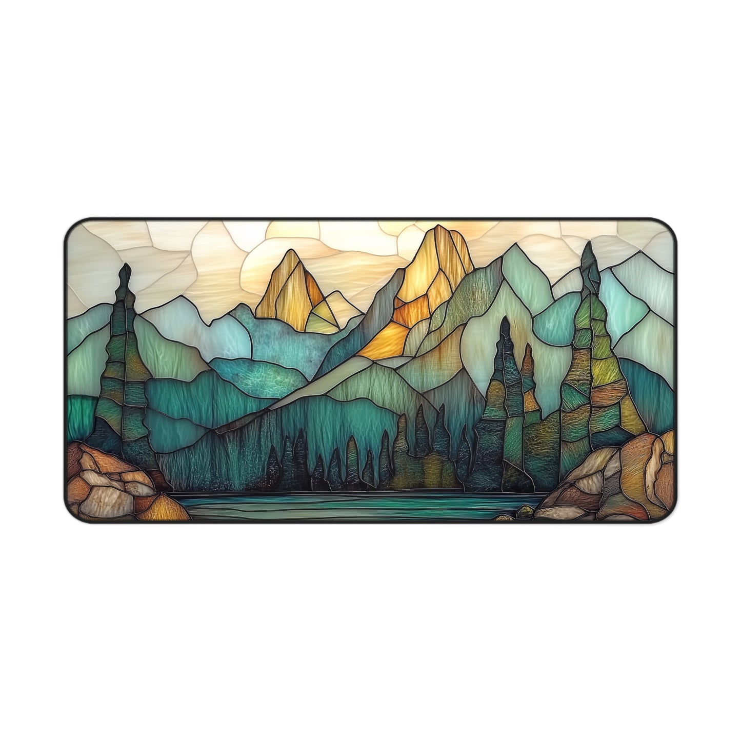 Mountain Forest Gaming Desk Mat, Stained Glass Nature Landscape Keyboard Mouse Pad, Gamer Accessories for Computer, Unique Gamer Gift,