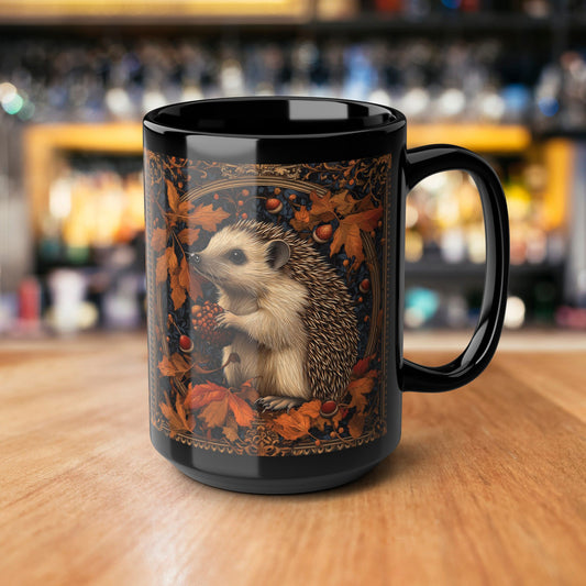 William Morris Inspired Hedgehog Fallen Leaves and Acorns, Black Coffee Mug For Her Him, Christmas Gift, Gift for Nature Lover,