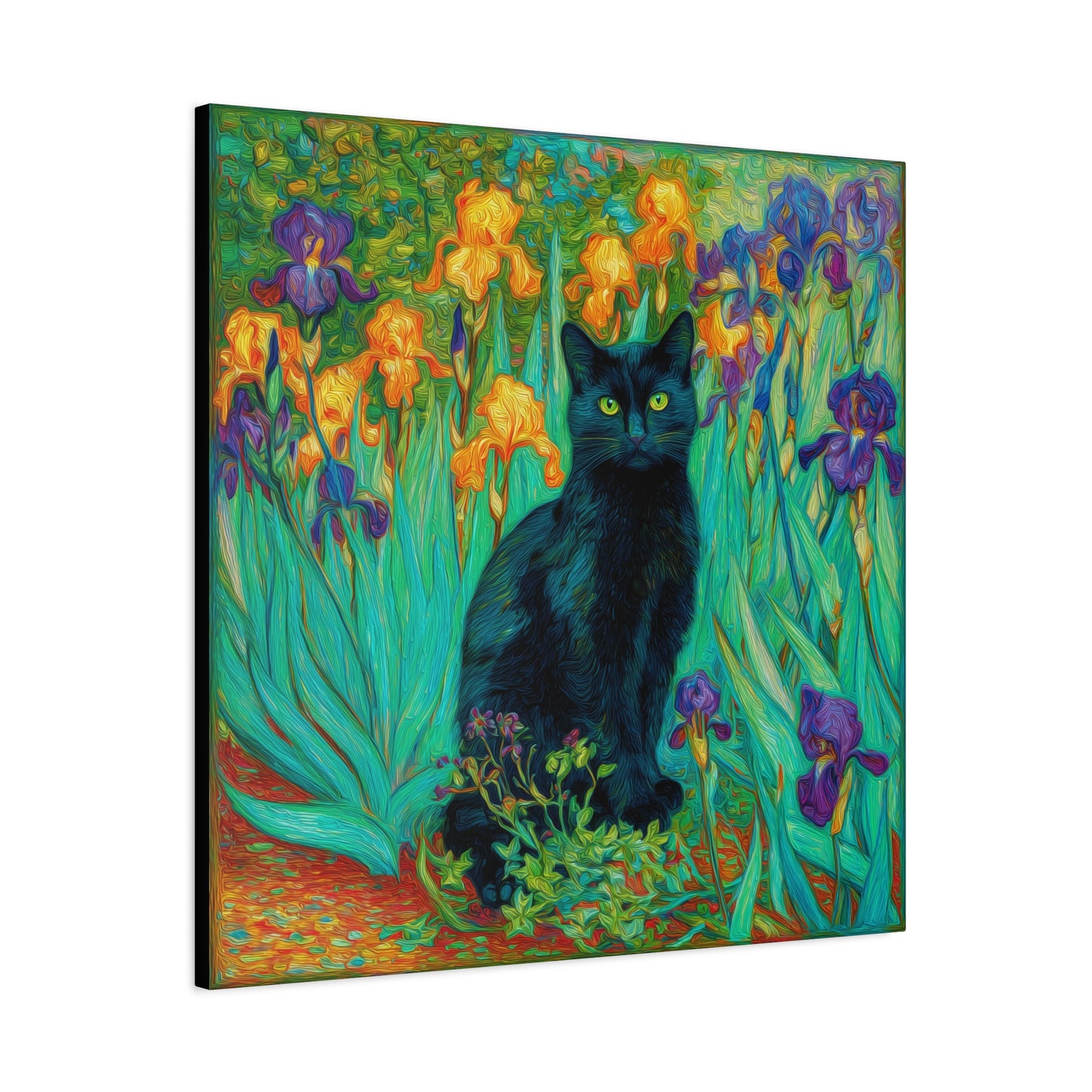 Black Cat Among Irises, Vibrant Floral Canvas Wall Art, Matte Stretched Canvas 1.25"