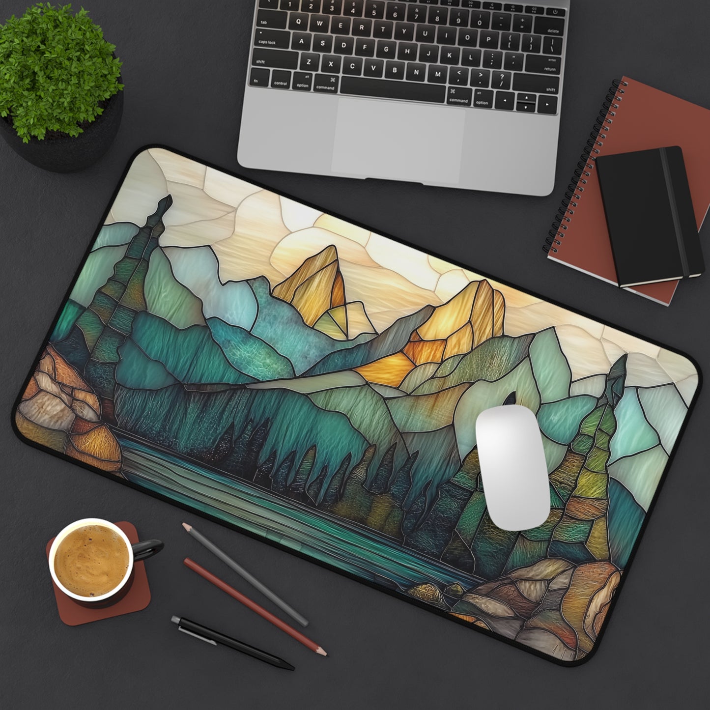 Mountain Forest Gaming Desk Mat, Stained Glass Nature Landscape Keyboard Mouse Pad, Gamer Accessories for Computer, Unique Gamer Gift,