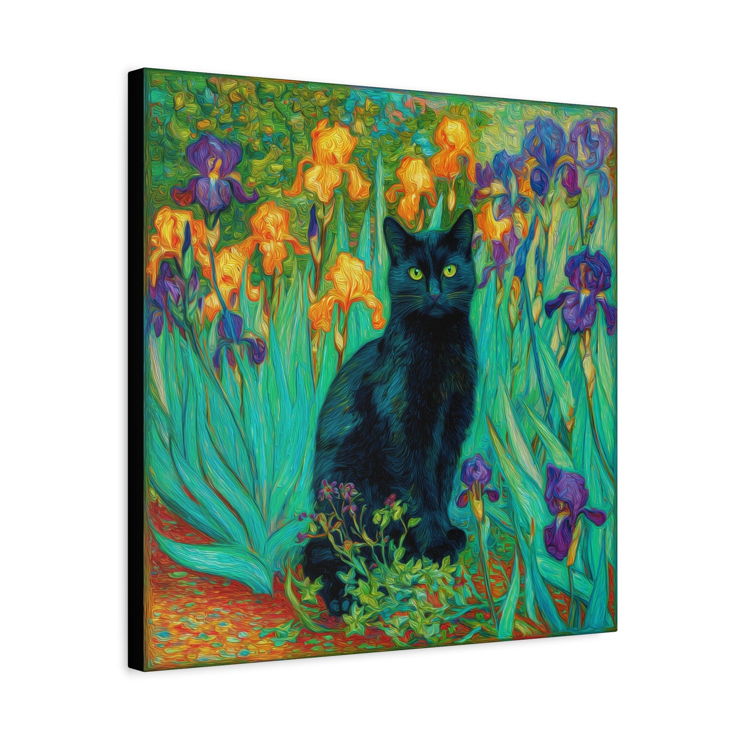 Black Cat Among Irises, Vibrant Floral Canvas Wall Art, Matte Stretched Canvas 1.25"