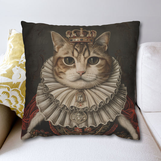 Royal Cat Pillowcase,  Aristocratic Kitty Cushion in Crown & Renaissance Attire, Whimsical Pet Portrait Home Décor