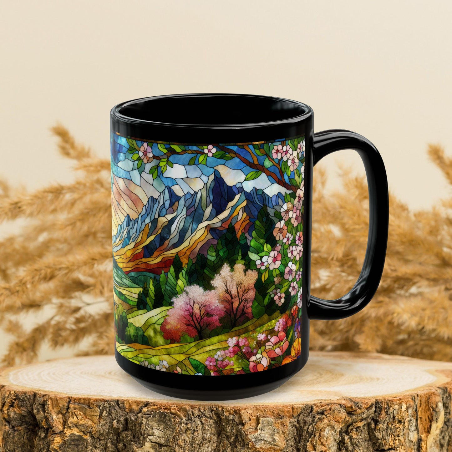 Faux Stained Glass Spring Mountain Coffee Mug | Nature Inspired | Outdoor Design | Gift for Nature Lover Coffee Mug 11oz, 15 oz