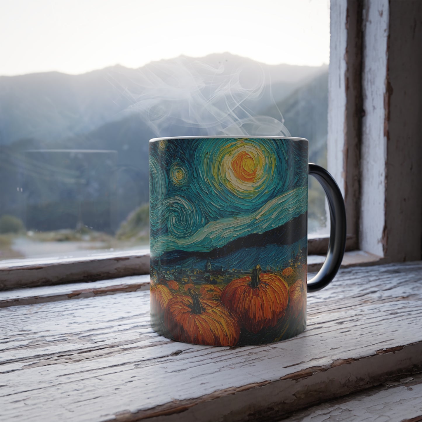 Starry Night Pumpkin Patch Color-Changing Mug, Heat Reveal Coffee Cup, 11oz, Home Decor, Art Enthusiasts, Office Essentials