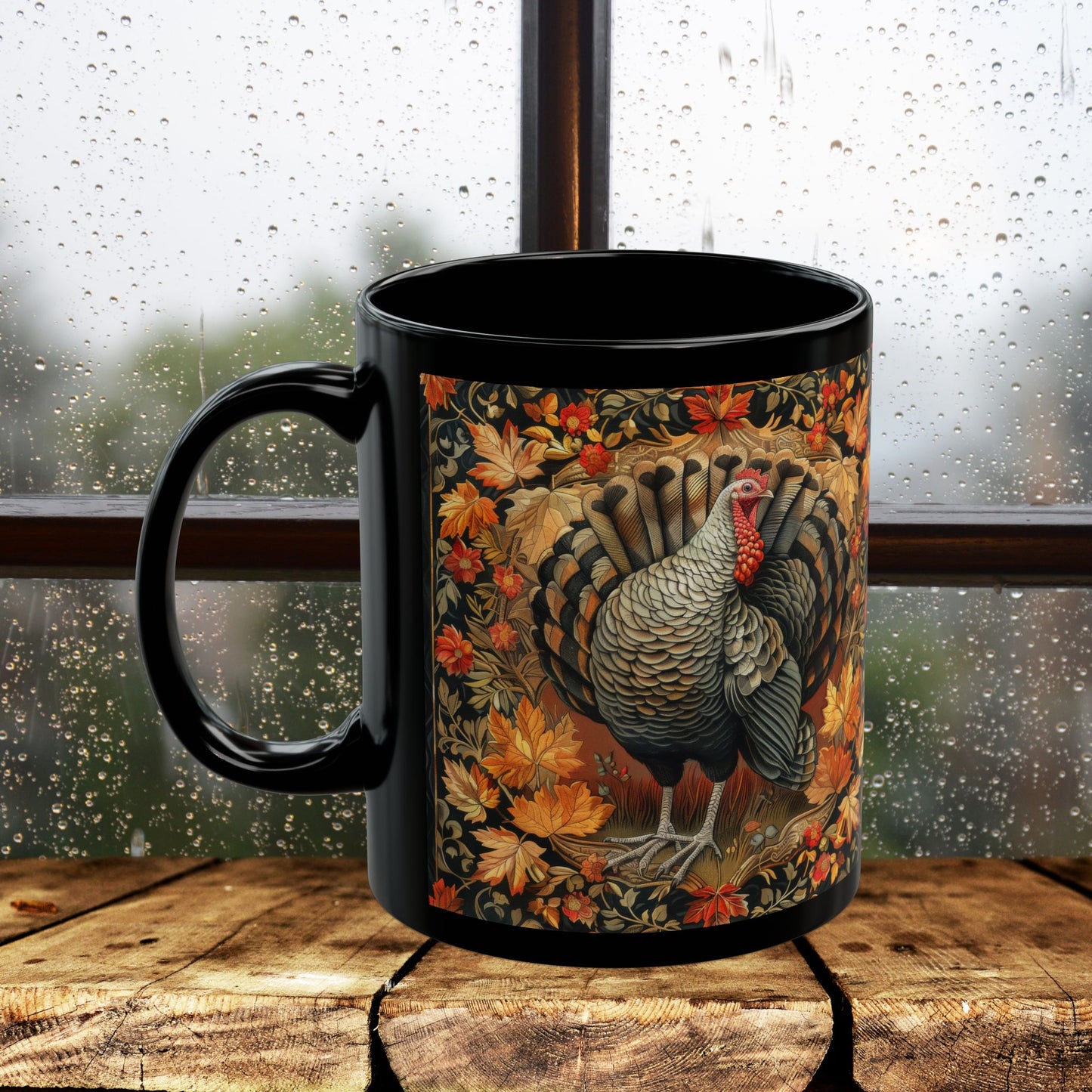 Fall Turkey William Morris Inspired Black Coffee Mug For Her Him Ceramic Mug Black Mug 11oz, 15oz