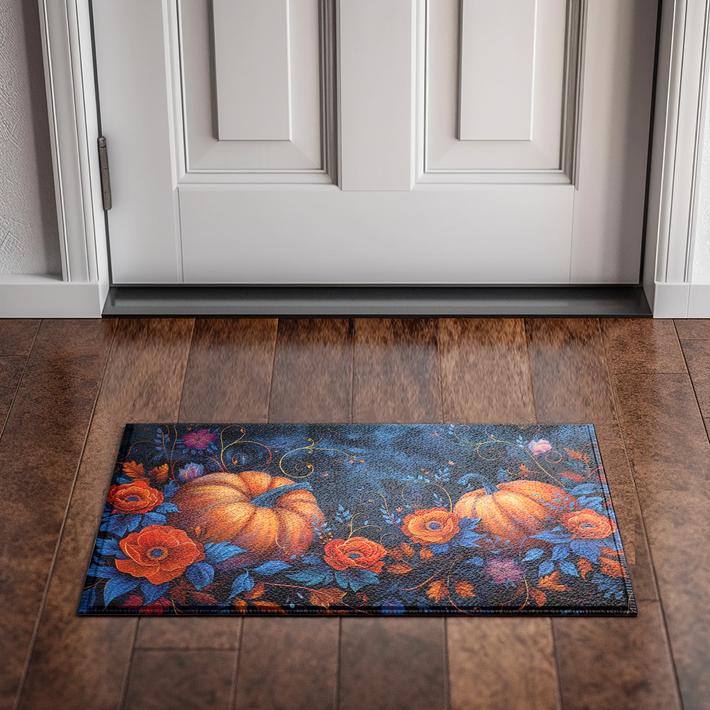 Autumn Pumpkin Floral Doormat, Fall Harvest Entry Rug with Vibrant Seasonal Design, Indoor Outdoor Decor