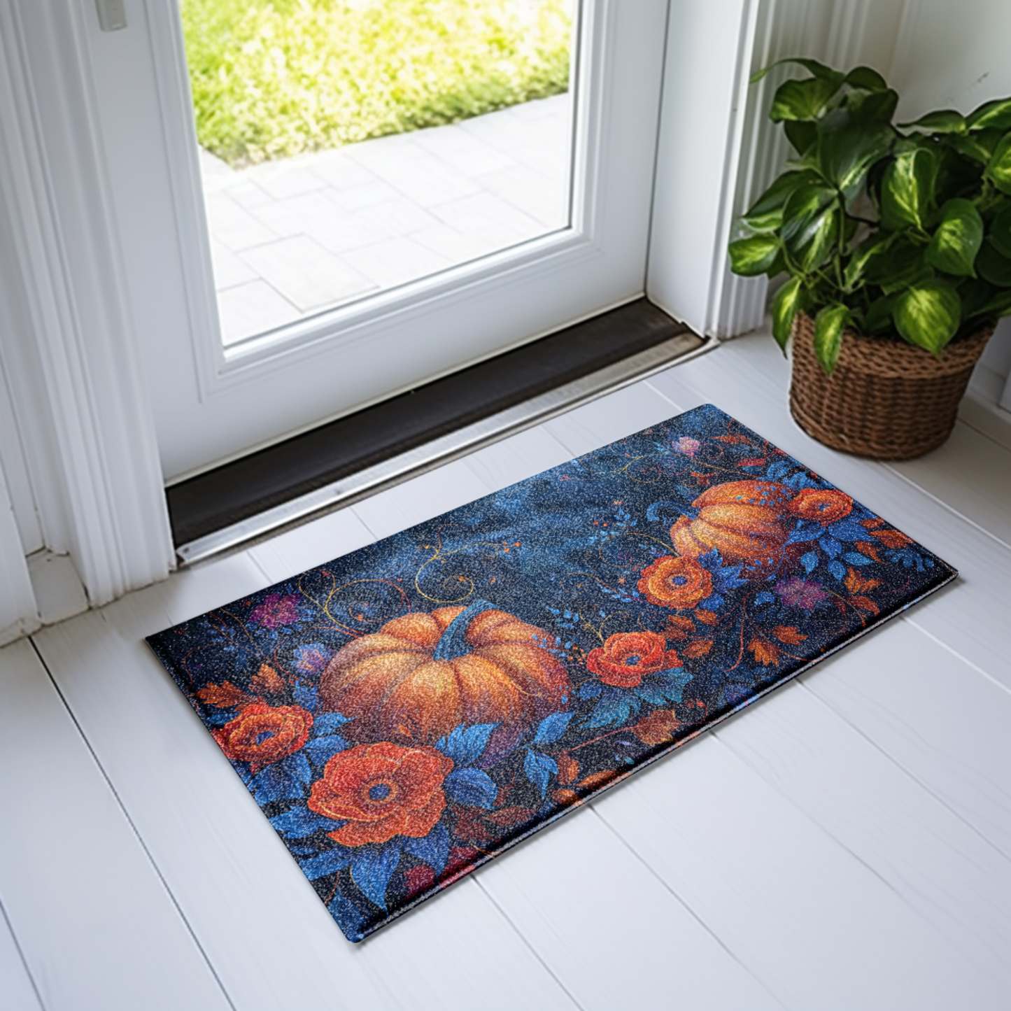 Autumn Pumpkin Floral Doormat, Fall Harvest Entry Rug with Vibrant Seasonal Design, Indoor Outdoor Decor