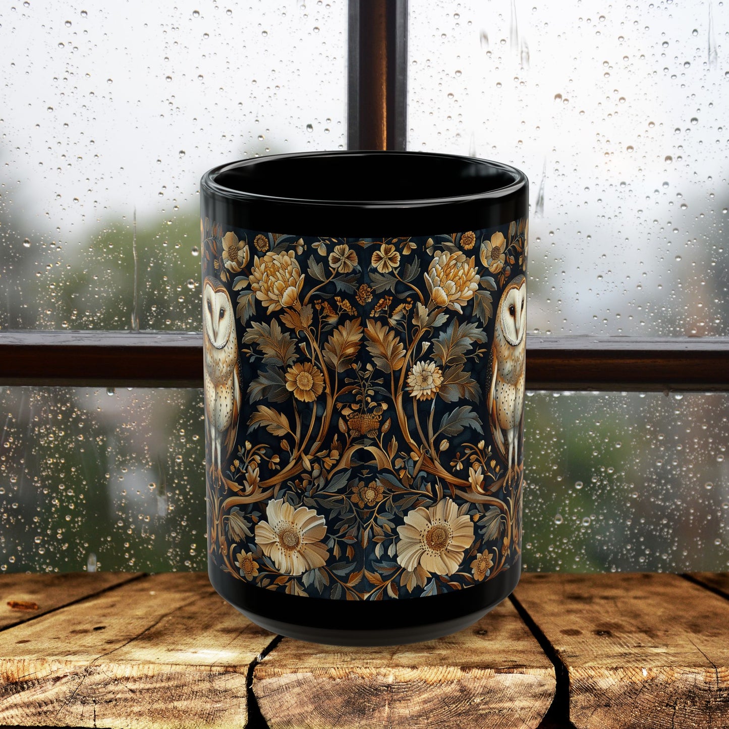William Morris Inspired Botanical Barn Owl Black Coffee Mug | Mystical Owl Black Mug 11oz, 15 oz