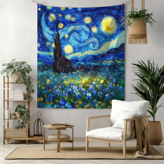 Starry Night Inspired Wall Tapestry with Floral Field, Vibrant Artistic Home Decor