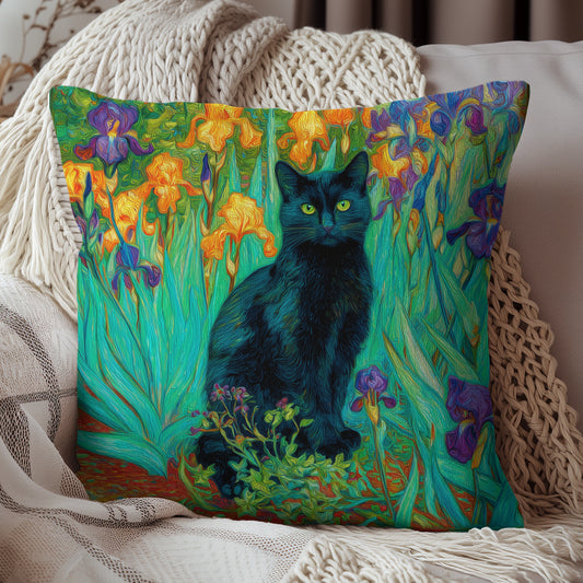 Black Cat Irises Pillow,Van Gogh Inspired Floral Cushion, Artistic Cat Lovers Gift, Colorful Home Decor